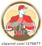 Poster, Art Print Of Retro Male Baseball Catcher With His Hand In His Glove In A Yellow Brown And White Circle