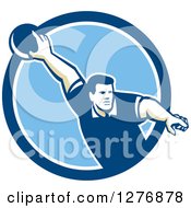Clipart Of A Retro Male Bowler Pointing His Finger And Holding A Ball In A Blue And White Circle Royalty Free Vector Illustration