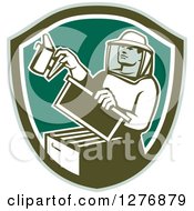 Retro Male Beekeeper Smoking Out A Hive Box In A Green And White Shield