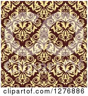 Clipart Of A Seamless Patterned Background Of Yellow Floral Damask On Brown Royalty Free Vector Illustration