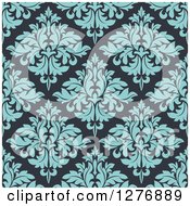 Clipart Of A Seamless Patterned Background Of Blue Floral Damask Diamonds On Teal Royalty Free Vector Illustration