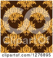 Clipart Of A Seamless Patterned Background Of Orange Floral Damask On Brown Royalty Free Vector Illustration