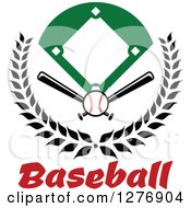 Poster, Art Print Of Baseball Diamond Field With A Ball And Crossed Bats In A Wreath Over Red Text