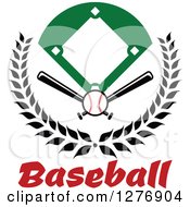 Baseball Diamond Field With A Ball And Crossed Bats In A Wreath Over Red Text