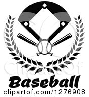 Poster, Art Print Of Black And White Baseball Diamond Field With A Ball And Crossed Bats In A Wreath Over Text