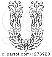 Clipart Of A Black And White Floral Capital Letter U With A Flower Royalty Free Vector Illustration