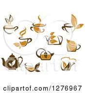 Clipart Of Leafy Brown Tea Cups And Kettles 4 Royalty Free Vector Illustration