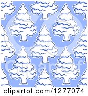 Poster, Art Print Of Seamless Patterned Background Of Flocked Evergreen Trees On Blue
