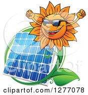 Poster, Art Print Of Cheering Sun And Solar Panel Encircled With A Swoosh And Green Leaves