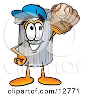 Garbage Can Mascot Cartoon Character Catching A Baseball With A Glove