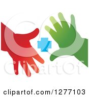 Poster, Art Print Of Red And Green Childrens Hands And A Blue Cross