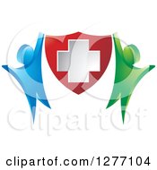 Poster, Art Print Of Blue And Green People Cheering And Holding Up A Medical Cross Shield