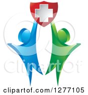Poster, Art Print Of Blue And Green Couple Holding Up A Medical Cross Shield