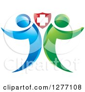 Poster, Art Print Of Blue And Green People Standing Back To Back Under A Medical Cross Shield