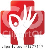 Clipart Of A White Silhouetted Hand And Pill In A Red Cross Royalty Free Vector Illustration by Lal Perera