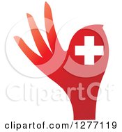 Clipart Of A Red Silhouetted Hand And White Cross Royalty Free Vector Illustration