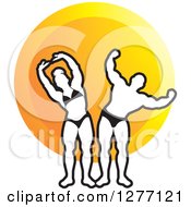 Poster, Art Print Of Black And White Stretching And Flexing Female And Male Bodybuilders Over An Orange Circle