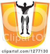 Poster, Art Print Of Flexing Black And White Male Bodybuilder Stretching Out An Orange Letter U