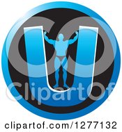 Poster, Art Print Of Flexing Male Bodybuilder Stretching Out A Blue Letter U In A Black Circle