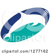 Poster, Art Print Of White Silhouetted Dolphin Making Sounds Over A Blue And Turquoise Oval