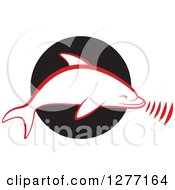 Poster, Art Print Of Red And White Silhouetted Dolphin Making Sounds Over A Black Circle