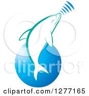 Clipart Of A White And Turquoise Dolphin Making Sounds Over A Blue Circle Royalty Free Vector Illustration by Lal Perera