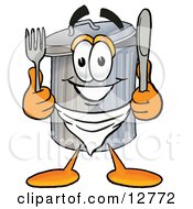 Garbage Can Mascot Cartoon Character Holding A Knife And Fork