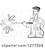 Clipart Of A Happy Black And White Man Operating A Power Washer Royalty Free Vector Illustration