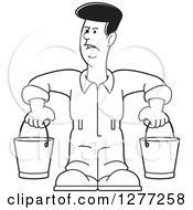 Poster, Art Print Of Cartoon Black And White Worker Man Carrying Buckets
