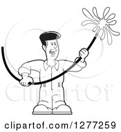 Clipart Of A Cartoon Black And White Worker Man Using A Hose Royalty Free Vector Illustration