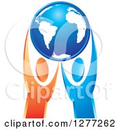 Poster, Art Print Of Blue And Orange People Holding Up A Blue Planet Earth