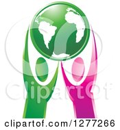 Poster, Art Print Of Green And Pink People Holding Up Planet Earth