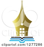 Clipart Of A Gold Pen Tip House On An Open Book Royalty Free Vector Illustration