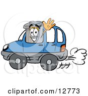 Garbage Can Mascot Cartoon Character Driving A Blue Car And Waving