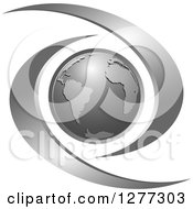 Clipart Of A Gray Planet Earth And Silver Swooshes Royalty Free Vector Illustration