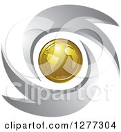 Clipart Of A Gold Planet Earth And Silver Swooshes Royalty Free Vector Illustration
