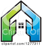 Clipart Of A Black And White Arrow House On Blue And Green Royalty Free Vector Illustration