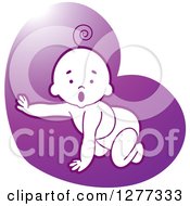 Poster, Art Print Of Surprised Baby Crawling In A Diaper And Reaching Out Over A Purple Heart