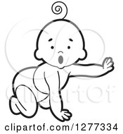 Poster, Art Print Of Surprised Black And White Baby Crawling In A Diaper And Reaching Out