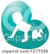 Poster, Art Print Of White Silhouetted Baby Crawling In A Diaper In A Turquoise Heart