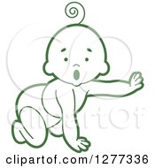 Poster, Art Print Of Surprised Green Baby Crawling In A Diaper And Reaching Out