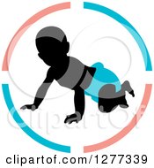 Poster, Art Print Of Black Silhouetted Baby Crawling In A Blue Diaper Inside A Circle