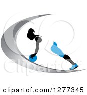 Poster, Art Print Of Black Silhouetted Woman Exercising With A Ball On A Silver Swoosh