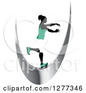 Clipart Of A Silhouetted Woman Balancing On A Silver Swoosh Royalty Free Vector Illustration