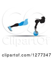 Poster, Art Print Of Black Silhouetted Woman Exercising And Balancing With A Blue Medicine Ball