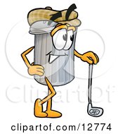 Garbage Can Mascot Cartoon Character Leaning On A Golf Club While Golfing