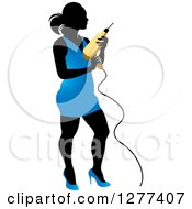 Clipart Of A Black Silhouetted Woman In A Blue Dress Holding A Power Drill Royalty Free Vector Illustration