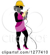 Poster, Art Print Of Black Silhouetted Woman In A Pink Dress And Yellow Hardhat Holding A Power Drill
