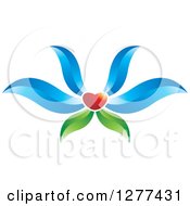 Poster, Art Print Of Red Heart Flower With Blue Petals And Green Leaves