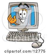 Clipart Picture Of A Garbage Can Mascot Cartoon Character Waving From Inside A Computer Screen